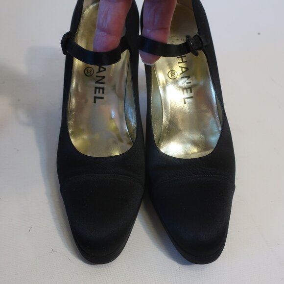 Womens Chanel Black Satin Mini Platform Mary Jane Heels 37.5 US/7 - Picture 4 of 15